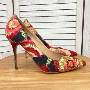 Liliana Floral Starburst Pointed Toe Pumps Black Red Green 7.5 Stiletto Heel‎